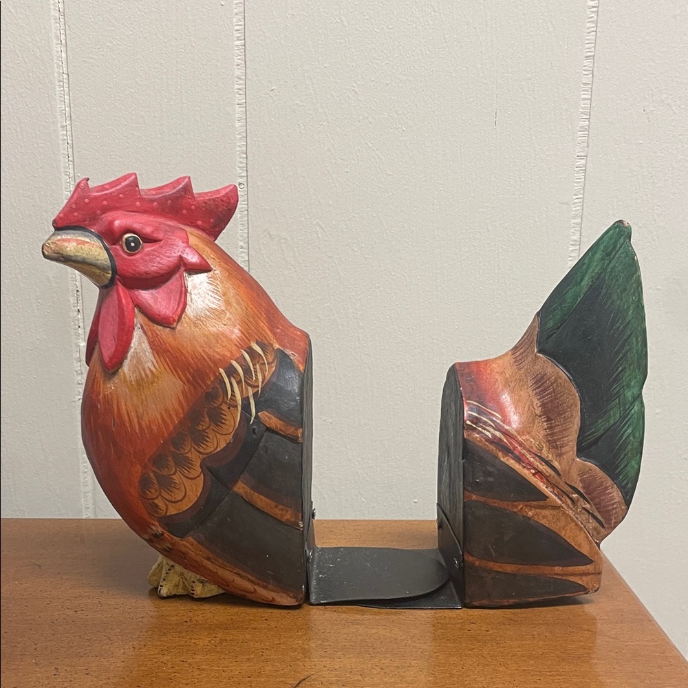 Hand-Painted Rooster Bookends - Red, Orange, Green